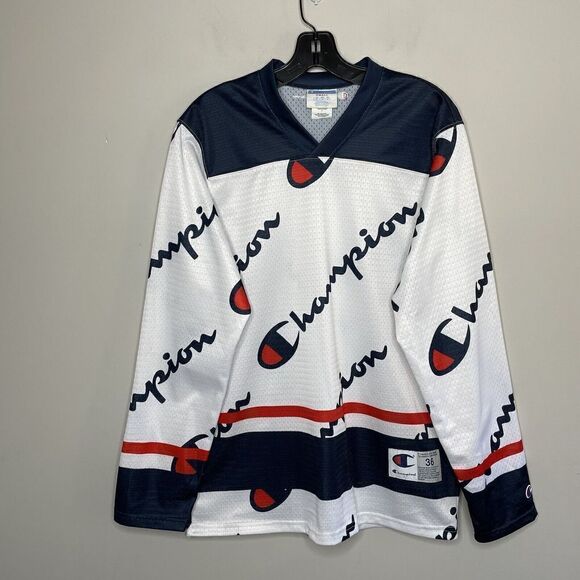 CHAMPION Mens All-Over Logo Hockey Jersey EUC White Blue Red Mesh Sz: Small S - Picture 1 of 9